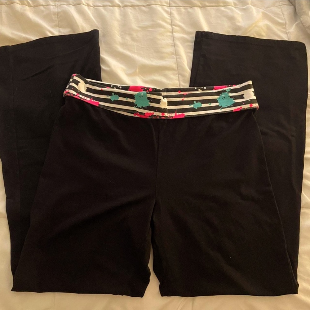 black colorful splat striped foldover flare/wide leg leggings